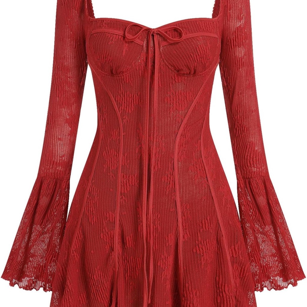 Red Lace Dress with Flared Sleeves